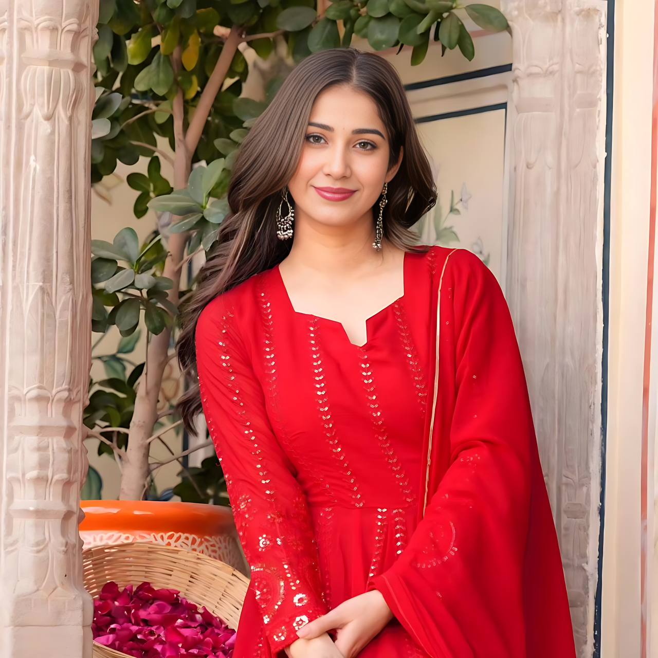 Party Wear Red Color Georgette Embroidered Anarkali Gown Set