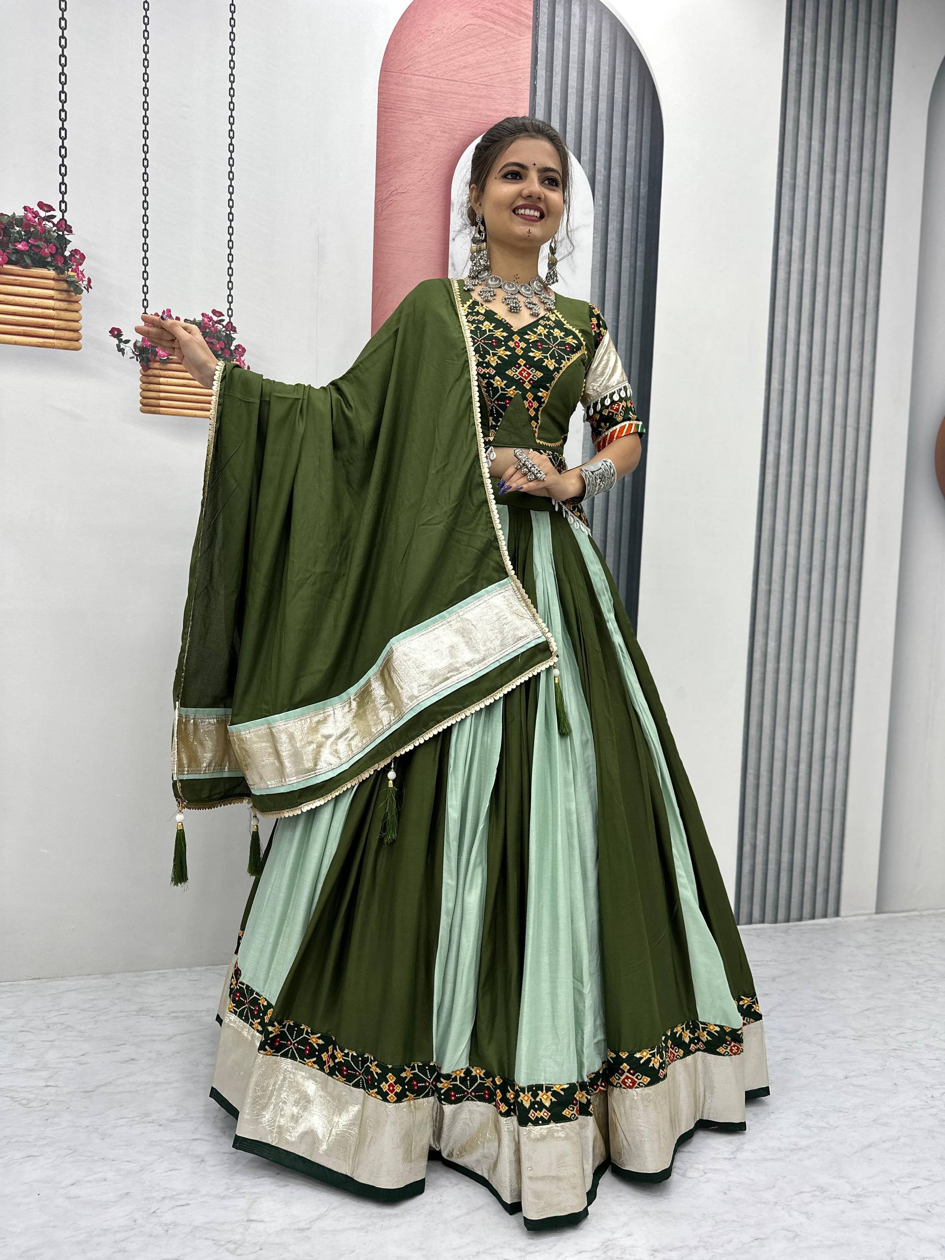 Navratri Special Green And Pista Color Pure Cotton Lehenga Choli