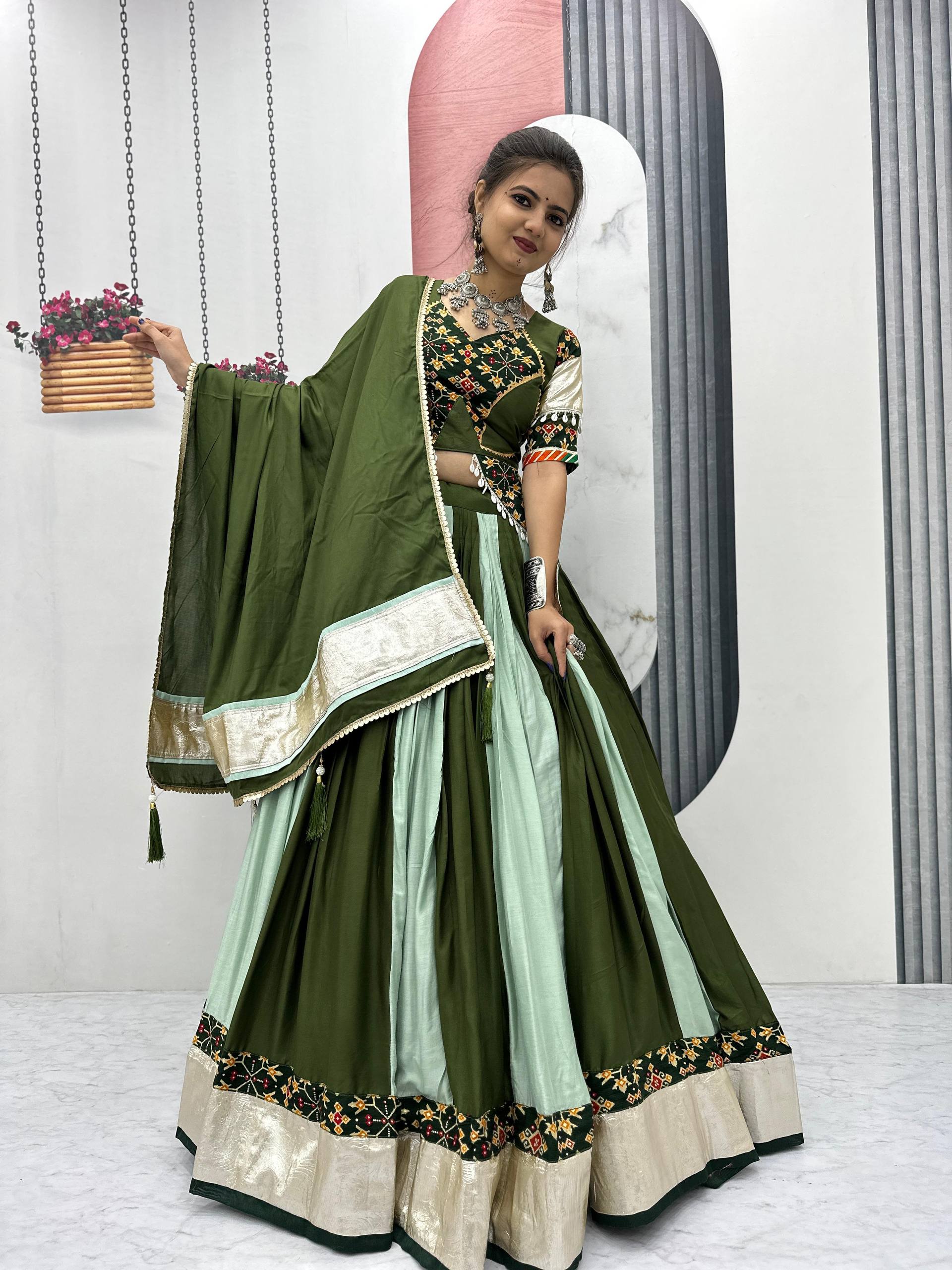 Navratri Special Green And Pista Color Pure Cotton Lehenga Choli