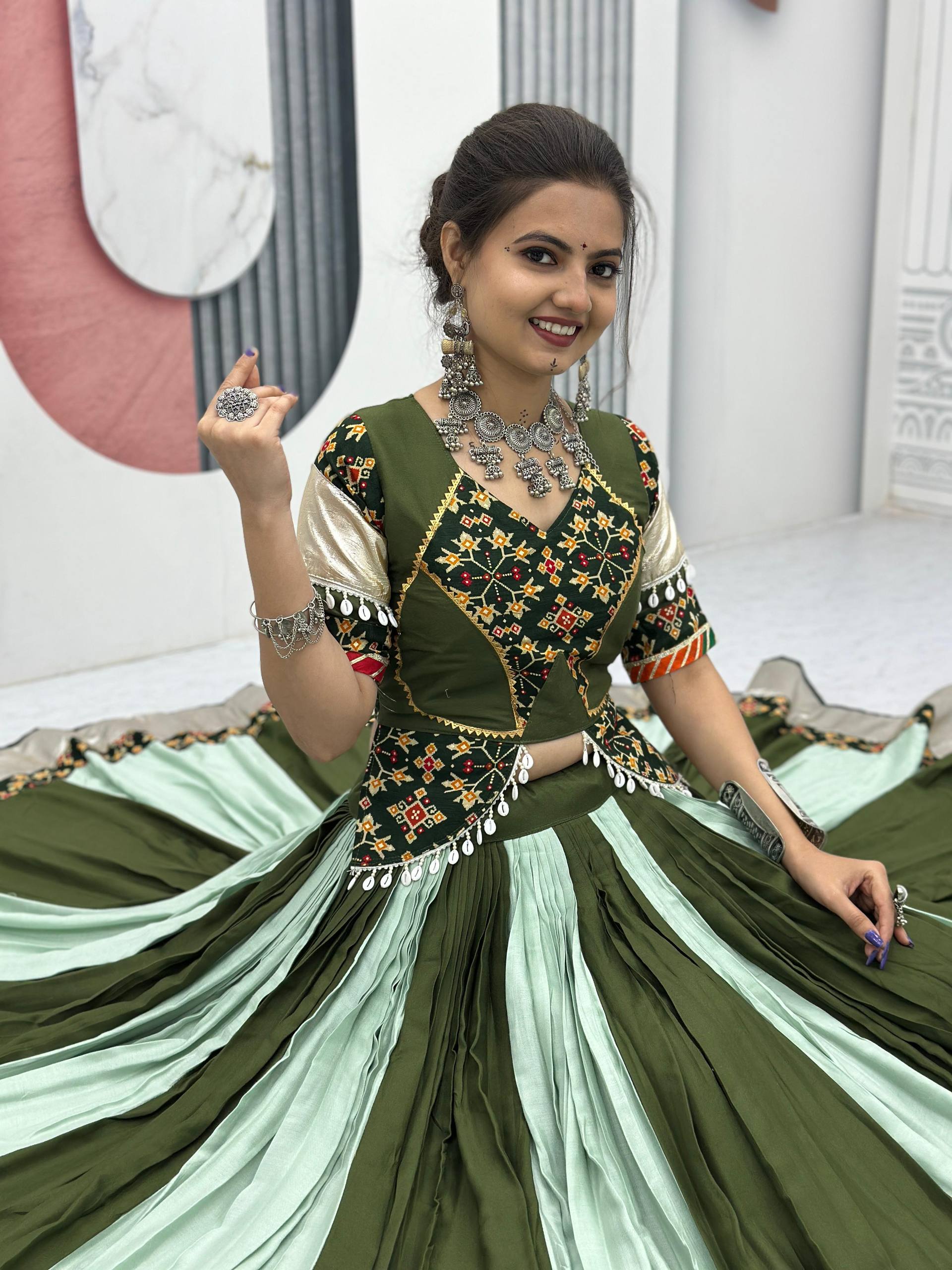 Navratri Special Green And Pista Color Pure Cotton Lehenga Choli
