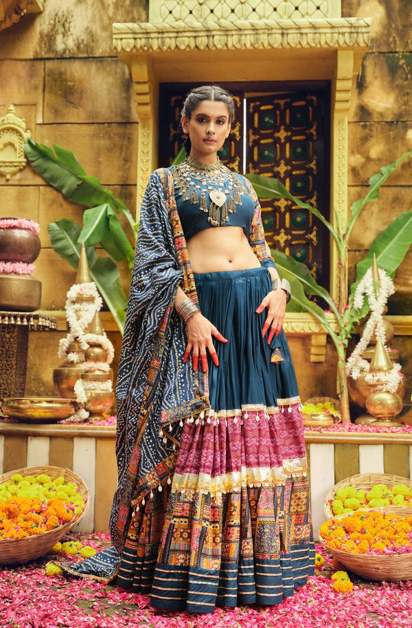 Navratri Wear Navy Color Foil Printed Designer Ready To Wear Lehenga Choli