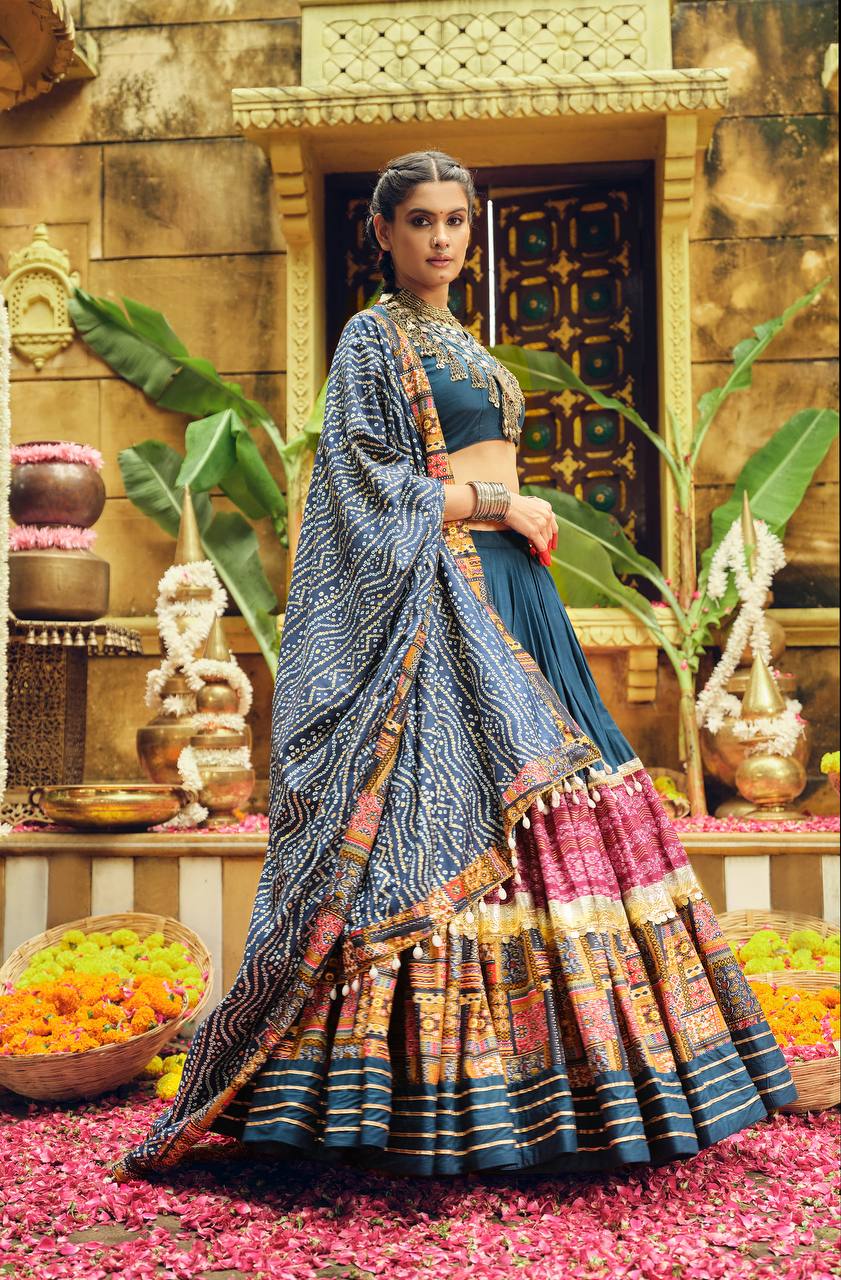 Navratri Wear Navy Color Foil Printed Designer Ready To Wear Lehenga Choli