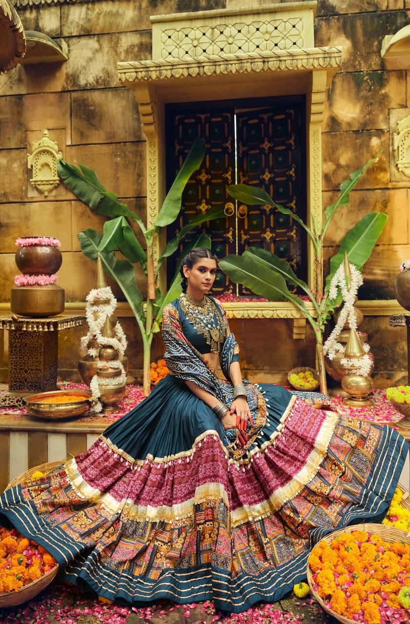Navratri Wear Navy Color Foil Printed Designer Ready To Wear Lehenga Choli