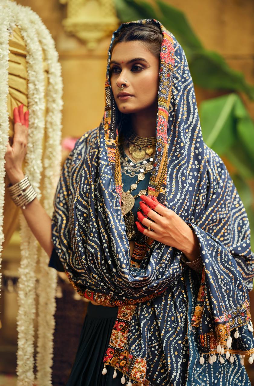 Navratri Wear Navy Color Foil Printed Designer Ready To Wear Lehenga Choli