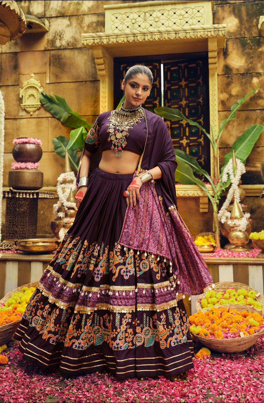 Navratri Wear Wine Color Foil Printed Designer Ready To Wear Lehenga Choli
