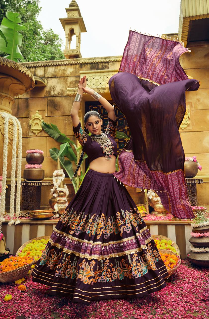 Navratri Wear Wine Color Foil Printed Designer Ready To Wear Lehenga Choli