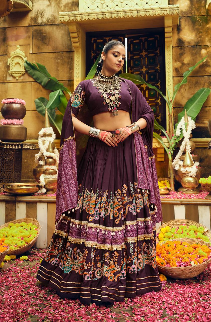 Navratri Wear Wine Color Foil Printed Designer Ready To Wear Lehenga Choli