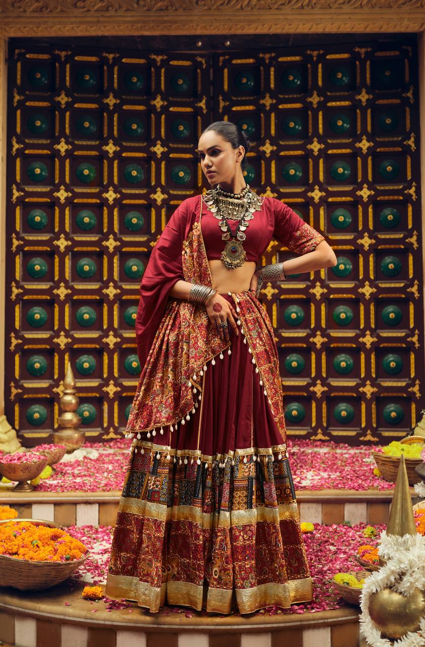 Navratri Special Maroon Color Foil Printed Designer Ready To Wear Lehenga Choli