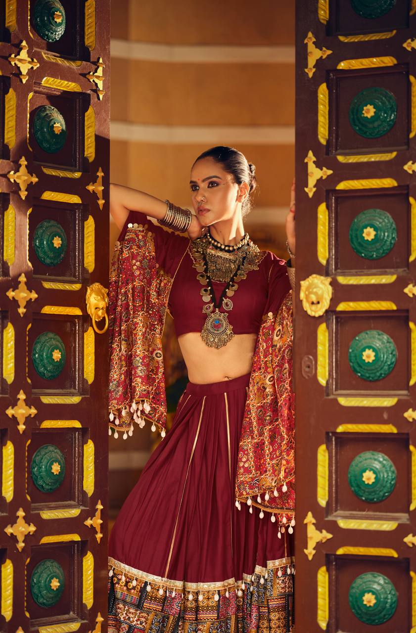 Navratri Special Maroon Color Foil Printed Designer Ready To Wear Lehenga Choli