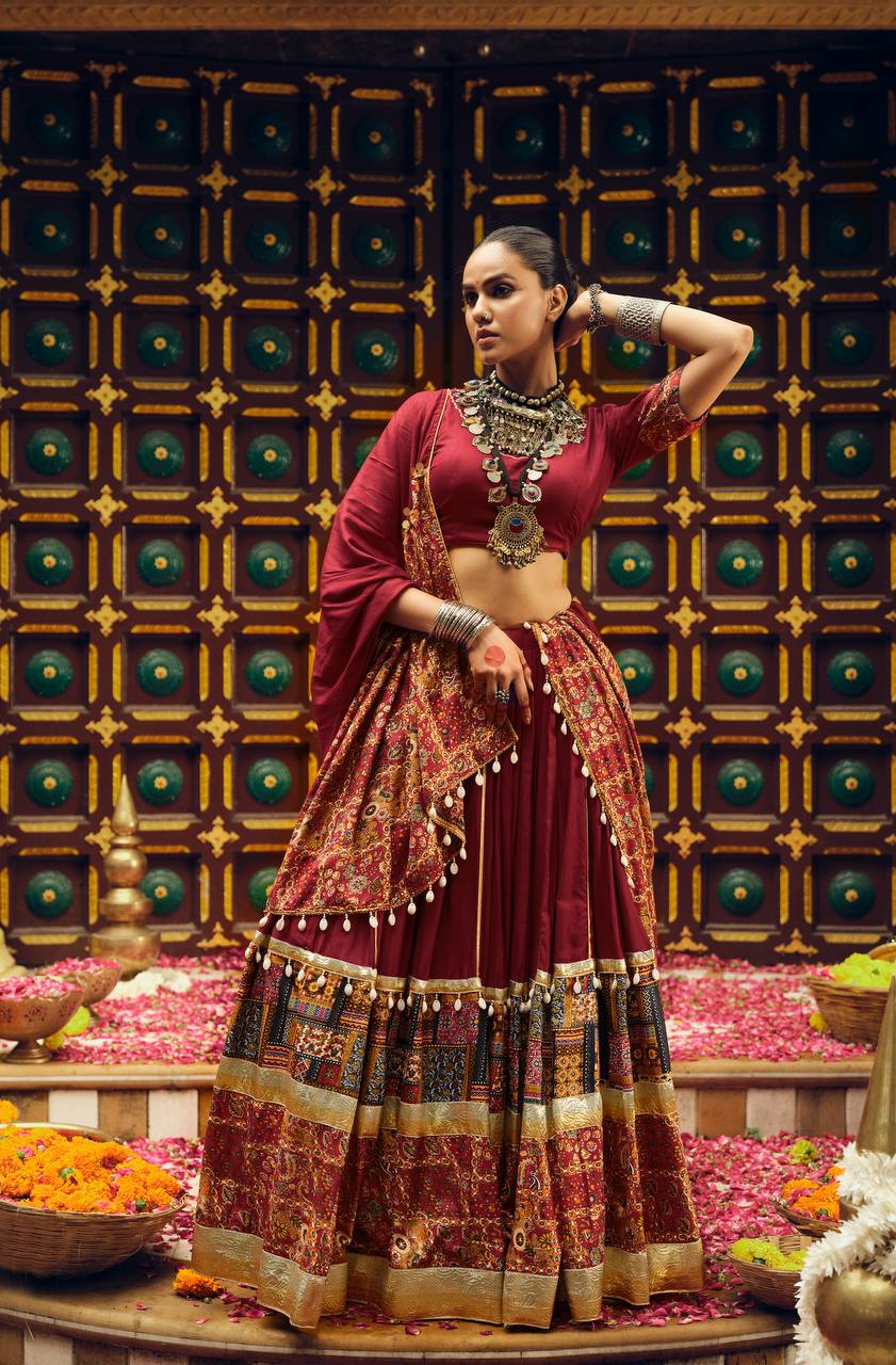 Navratri Special Maroon Color Foil Printed Designer Ready To Wear Lehenga Choli