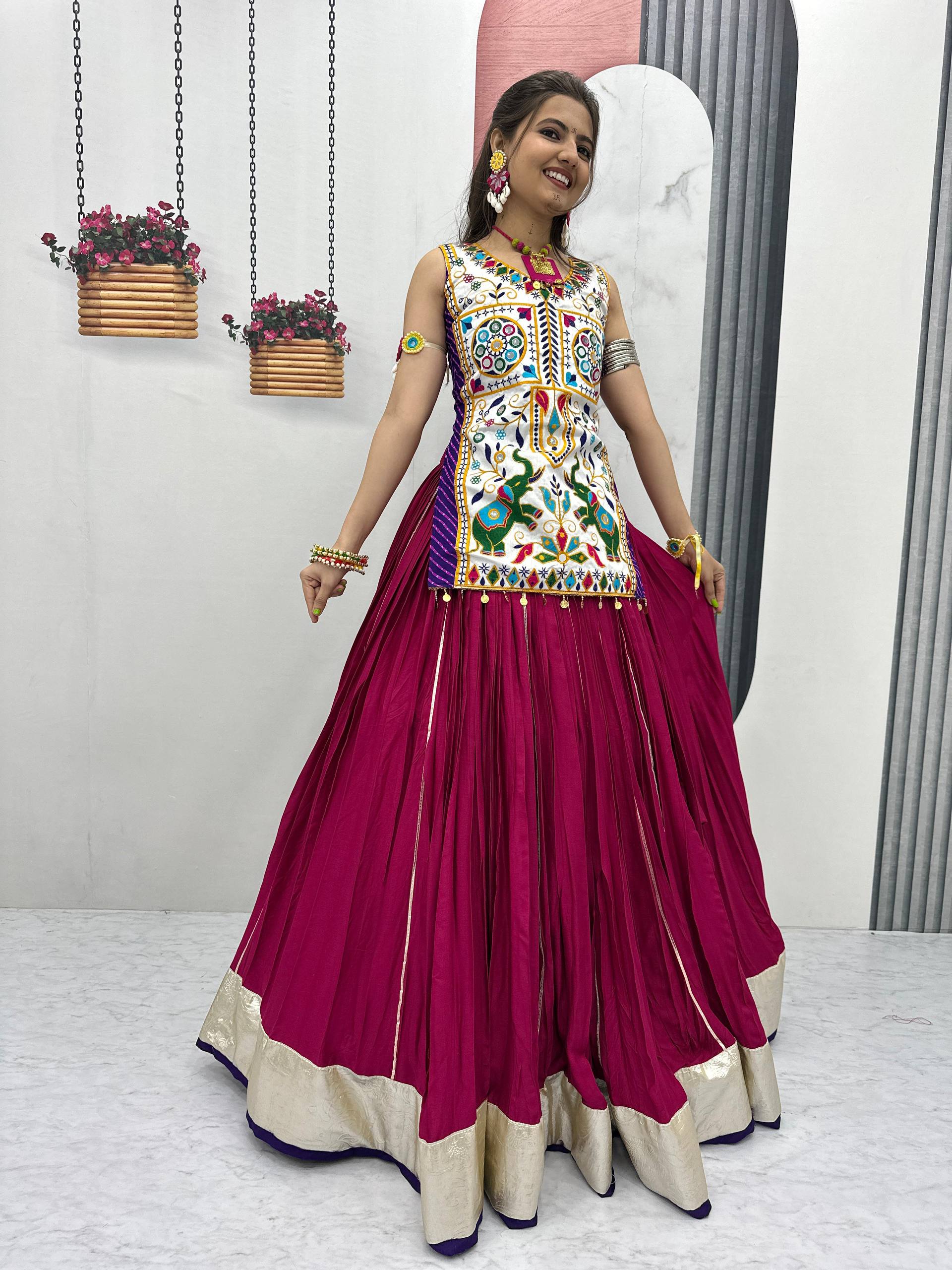 Navratri Special Gamathi With Real Mirror Work Lehenga Choli With 6 Meter Flair
