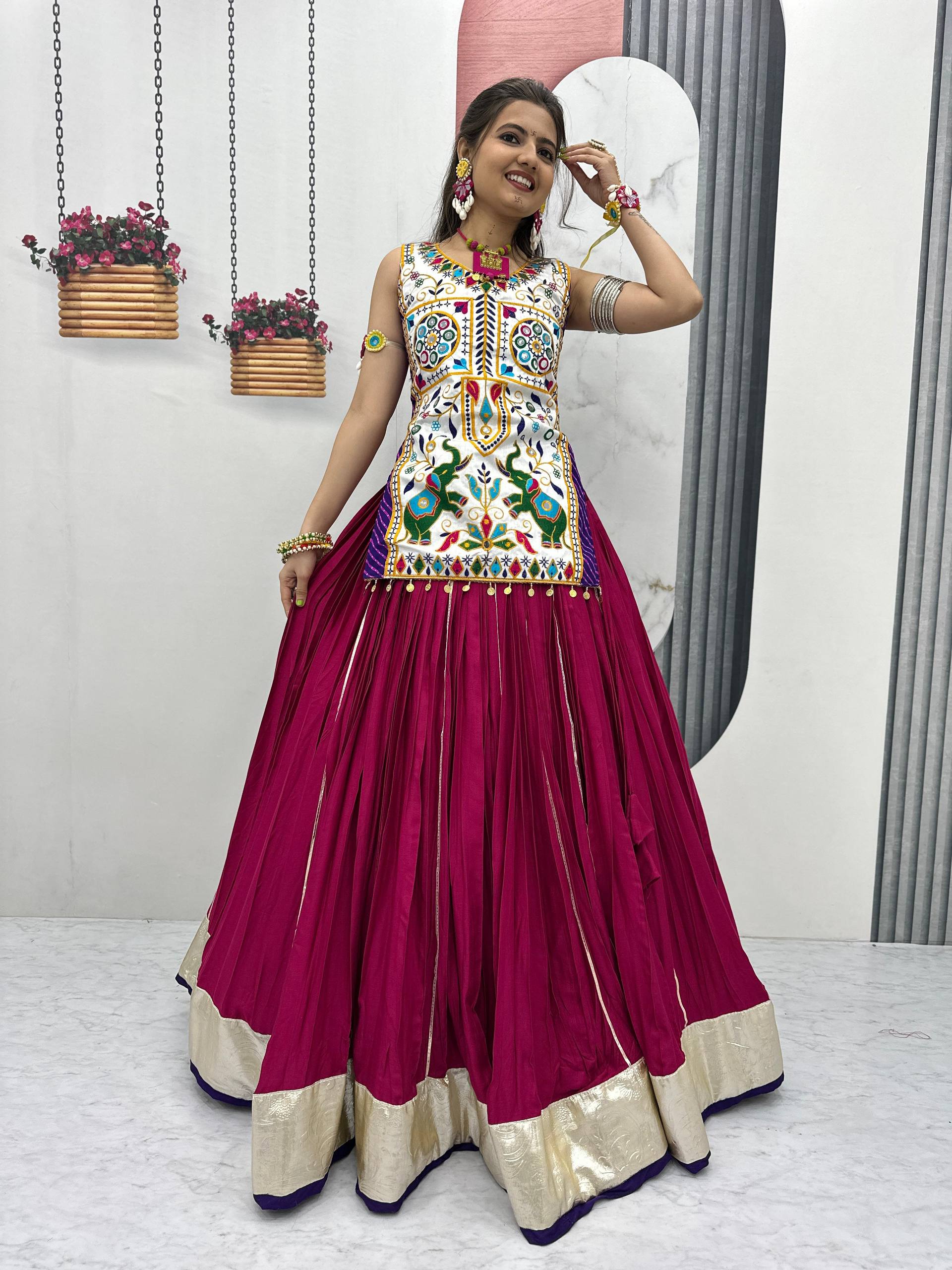 Navratri Special Gamathi With Real Mirror Work Lehenga Choli With 6 Meter Flair