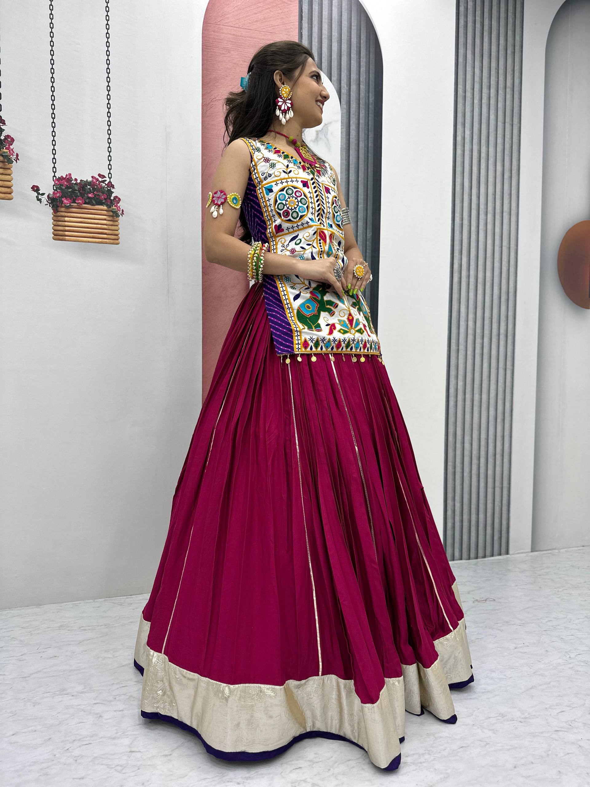 Navratri Special Gamathi With Real Mirror Work Lehenga Choli With 6 Meter Flair