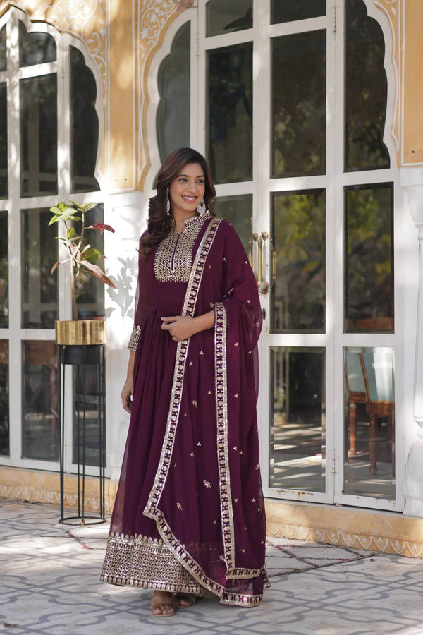 Party Wine Color Faux Blooming Georgette With Rich Sequins Embroidered Work Designer Gown