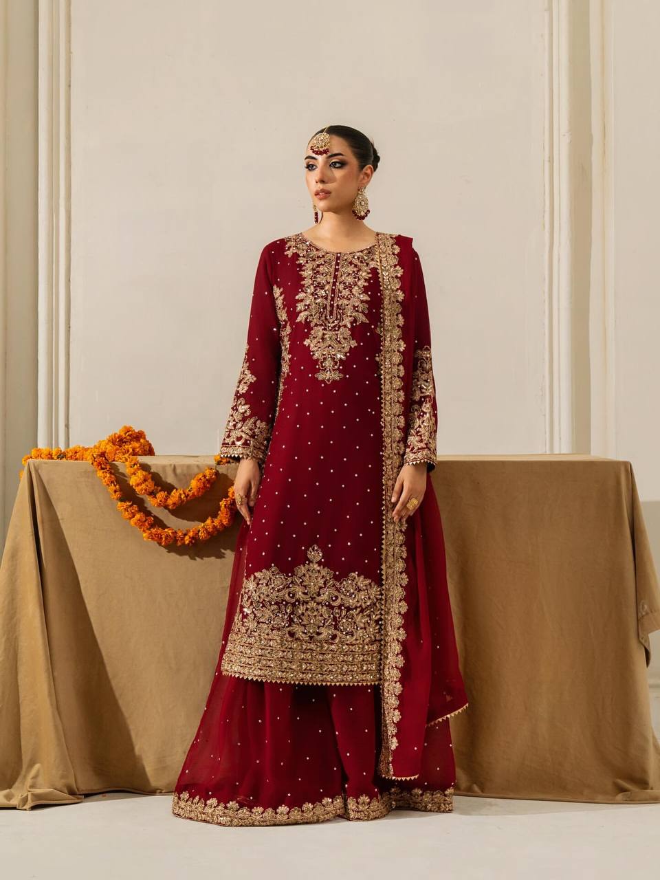 Sangeet Wear Maroon Color Coding Sequence Work Sharara Set