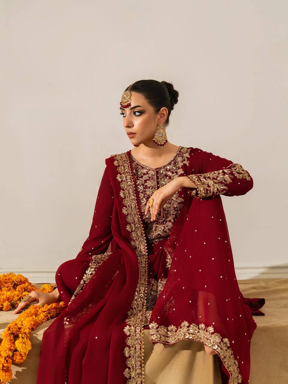 Sangeet Wear Maroon Color Coding Sequence Work Sharara Set