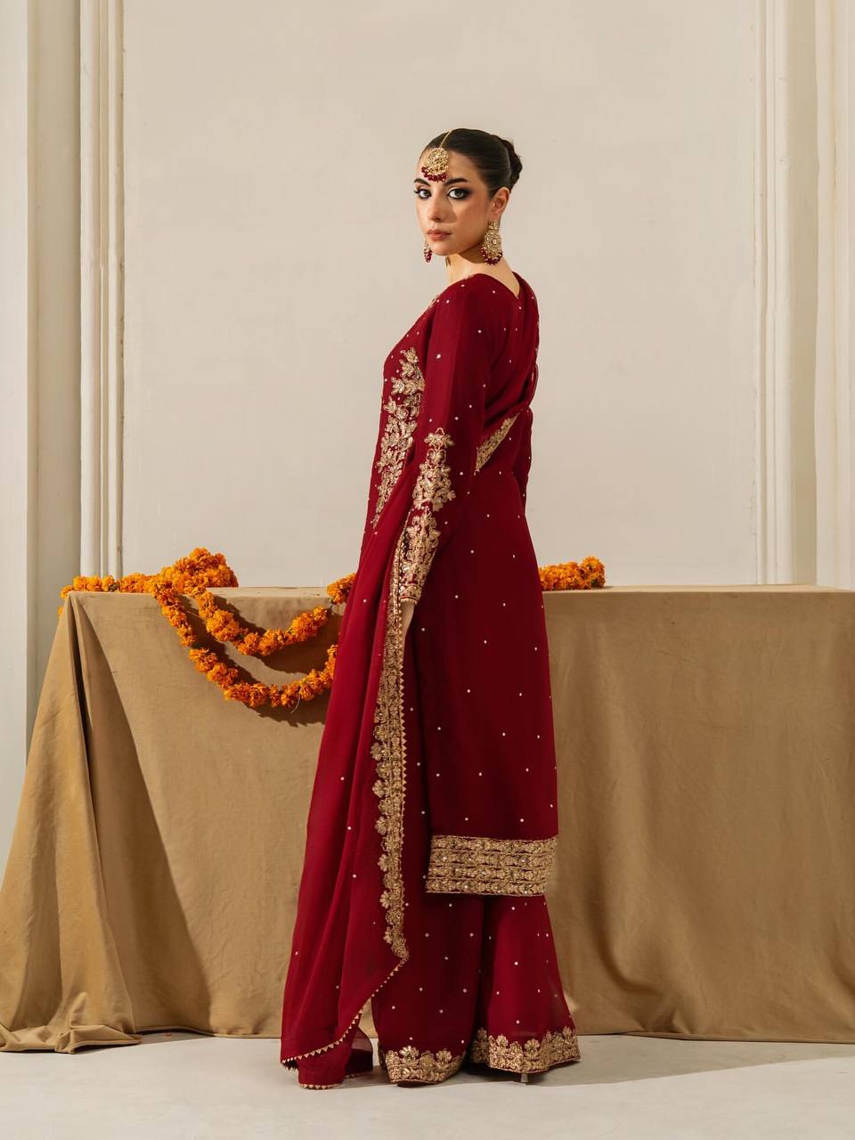 Sangeet Wear Maroon Color Coding Sequence Work Sharara Set