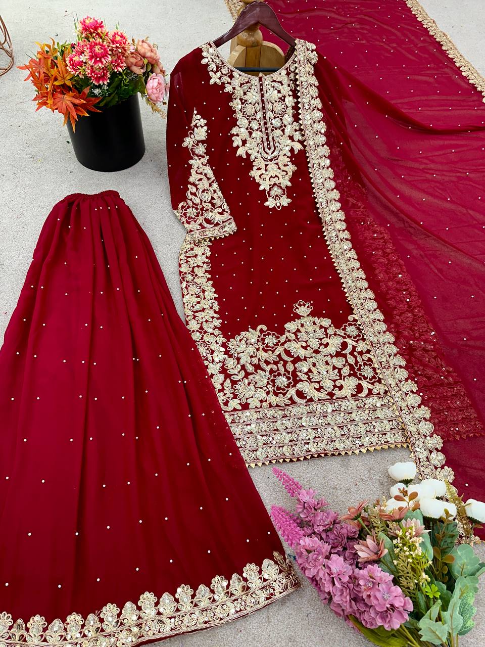 Sangeet Wear Maroon Color Coding Sequence Work Sharara Set