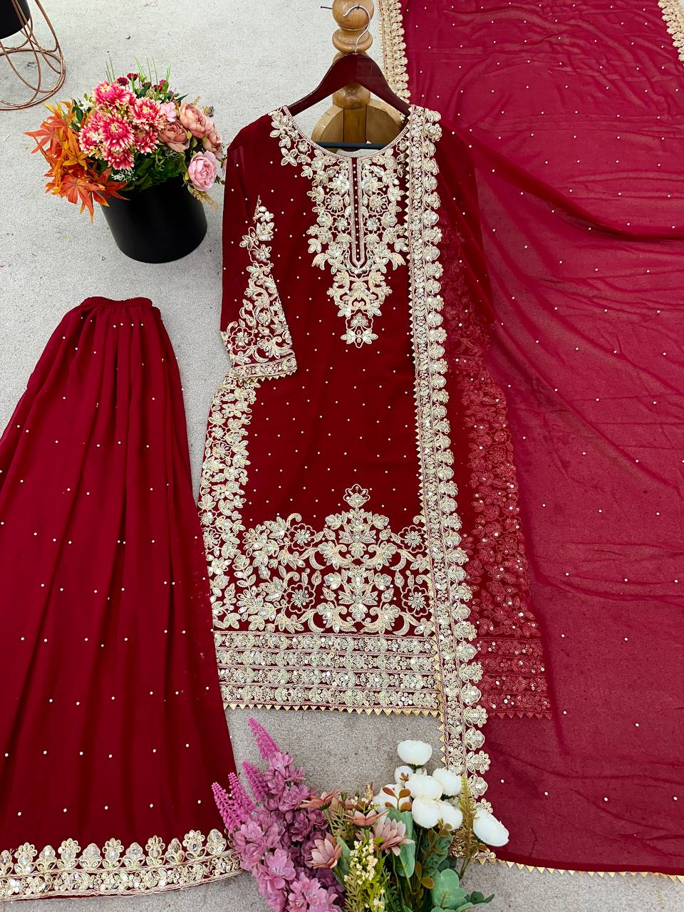 Sangeet Wear Maroon Color Coding Sequence Work Sharara Set
