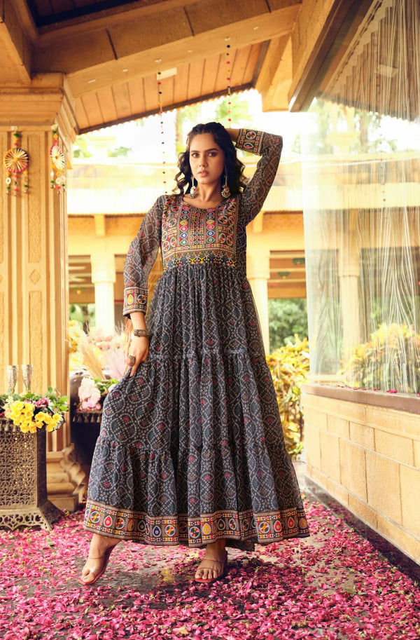 Designer Black Color Three-Layer Ruffle Flair Navratri Gown