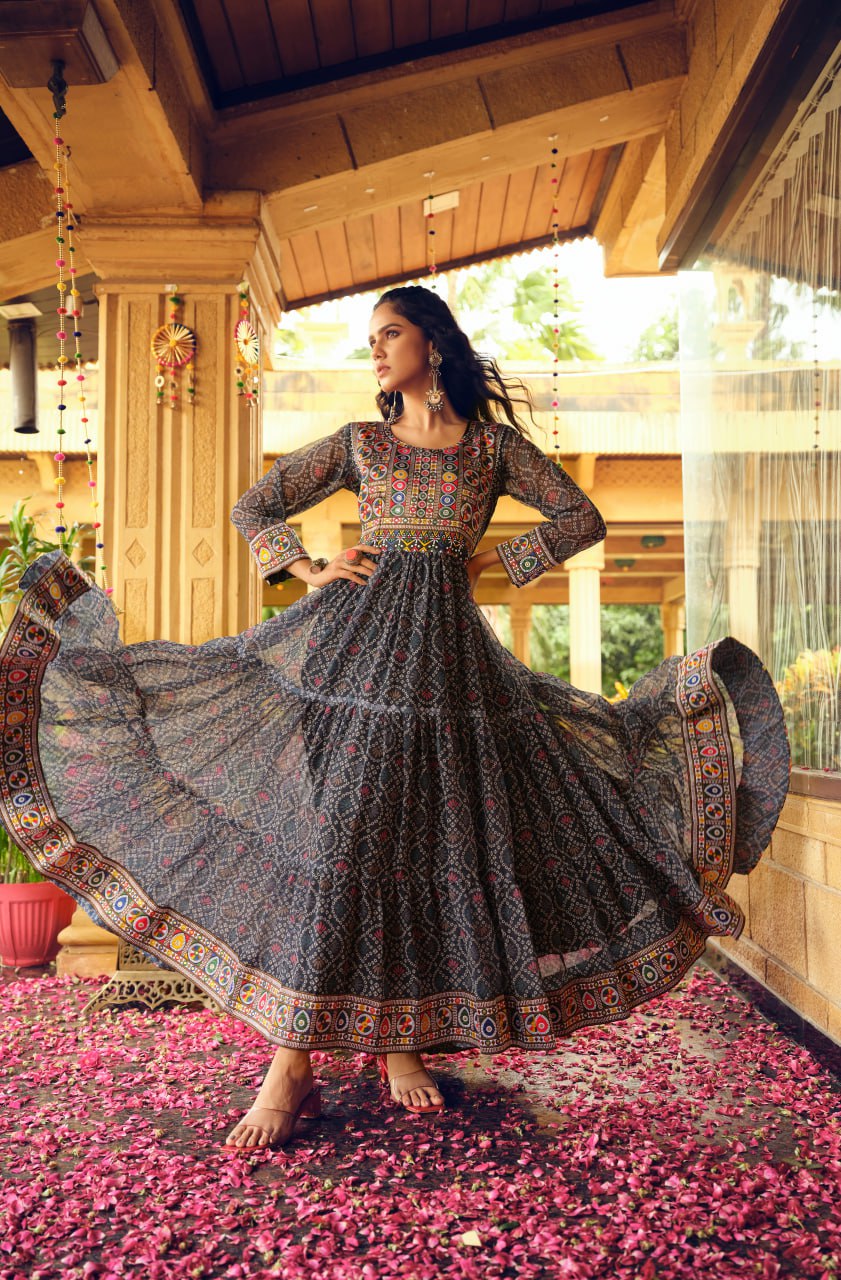 Designer Black Color Three-Layer Ruffle Flair Navratri Gown