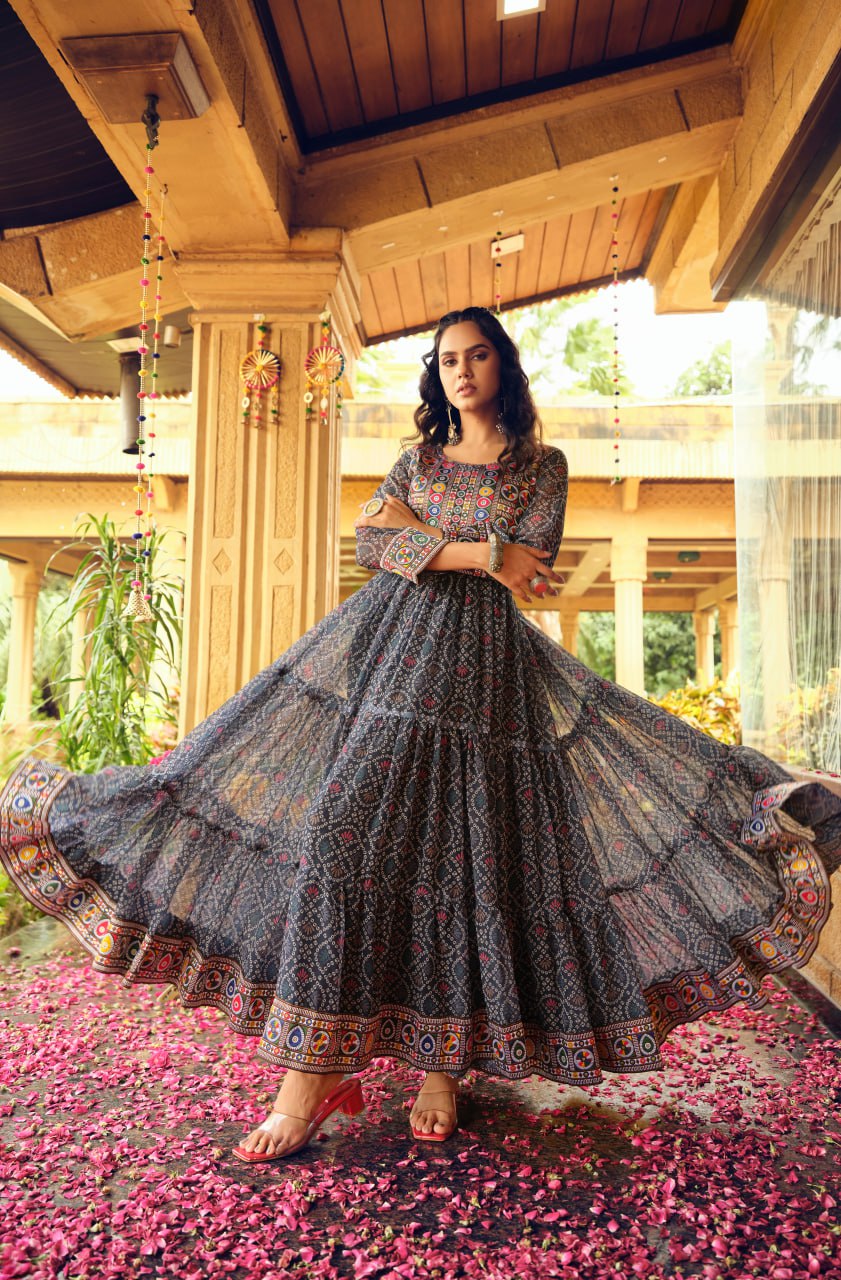 Designer Black Color Three-Layer Ruffle Flair Navratri Gown