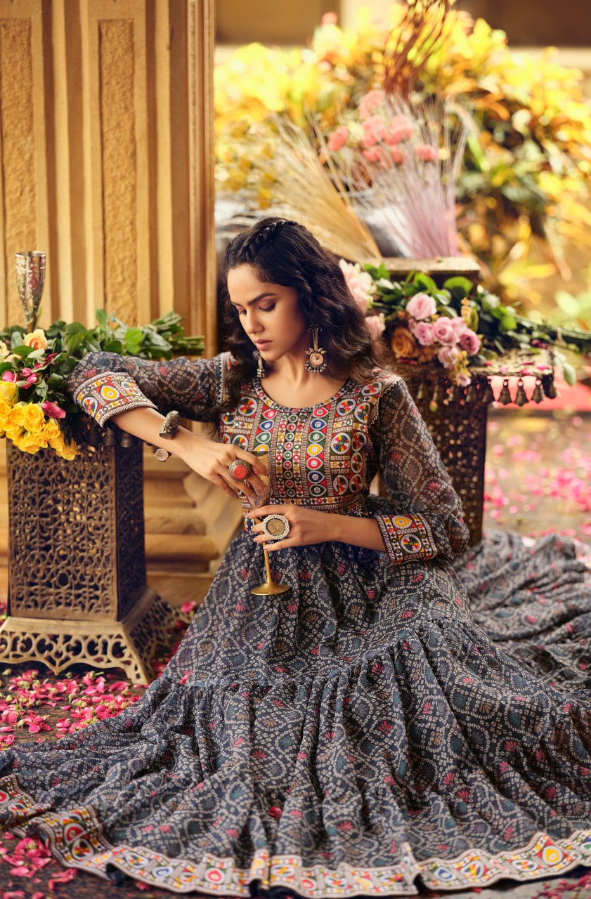 Designer Black Color Three-Layer Ruffle Flair Navratri Gown