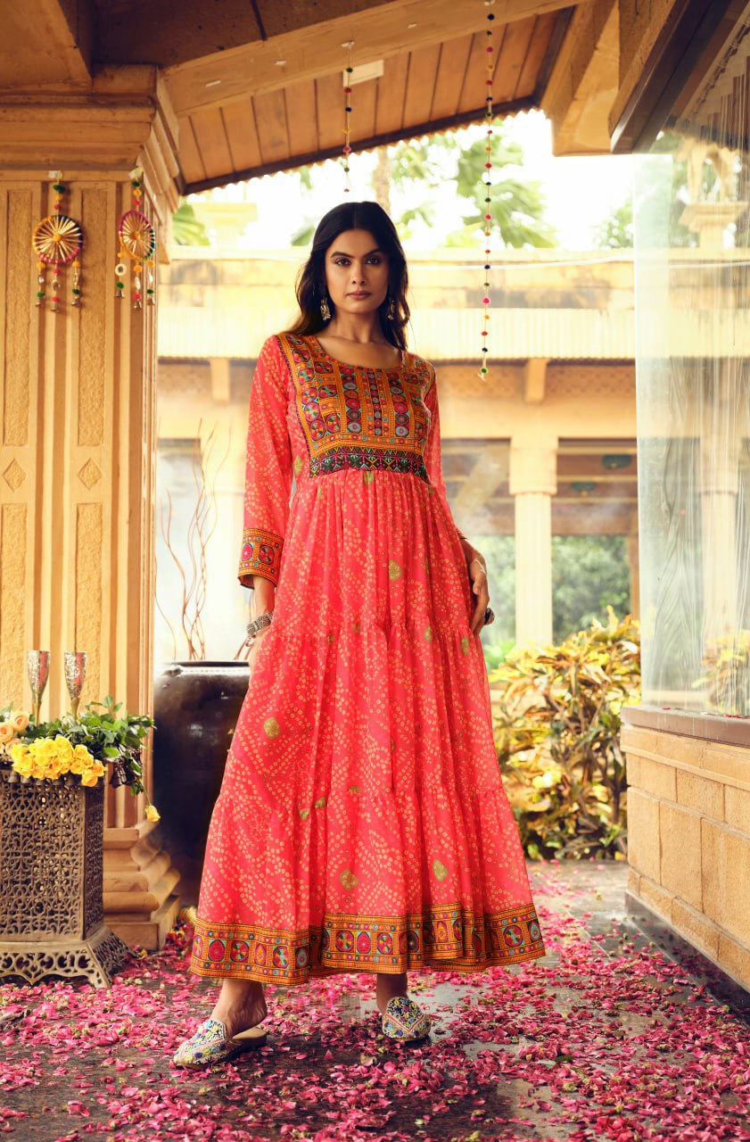 Designer Red Color Gamthi Work Three-Layer Ruffle Flair Navratri Gown