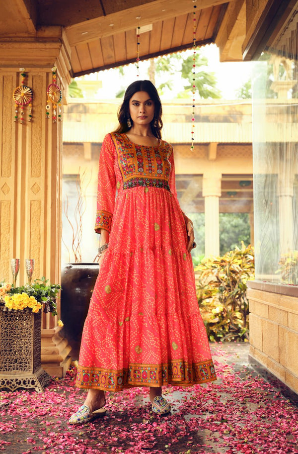 Designer Red Color Gamthi Work Three-Layer Ruffle Flair Navratri Gown