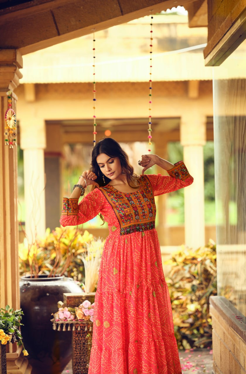 Designer Red Color Gamthi Work Three-Layer Ruffle Flair Navratri Gown