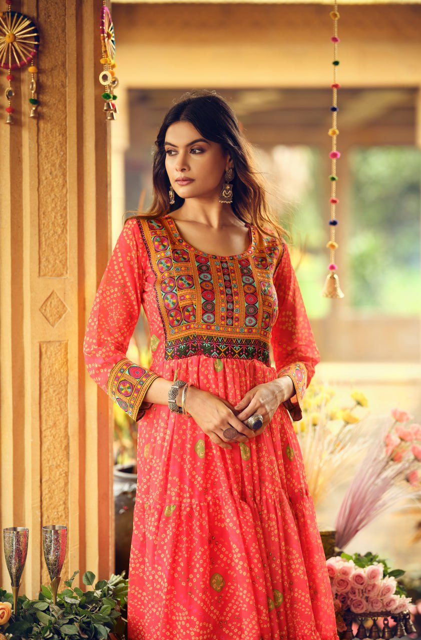 Designer Red Color Gamthi Work Three-Layer Ruffle Flair Navratri Gown