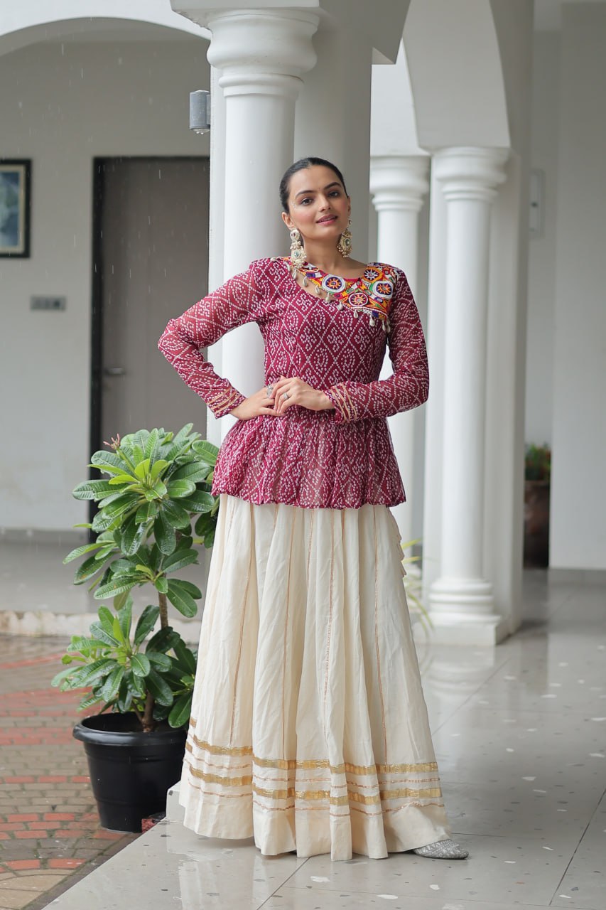 Maroon Color Bandhani Printed Navratri Special Top and Lehenga