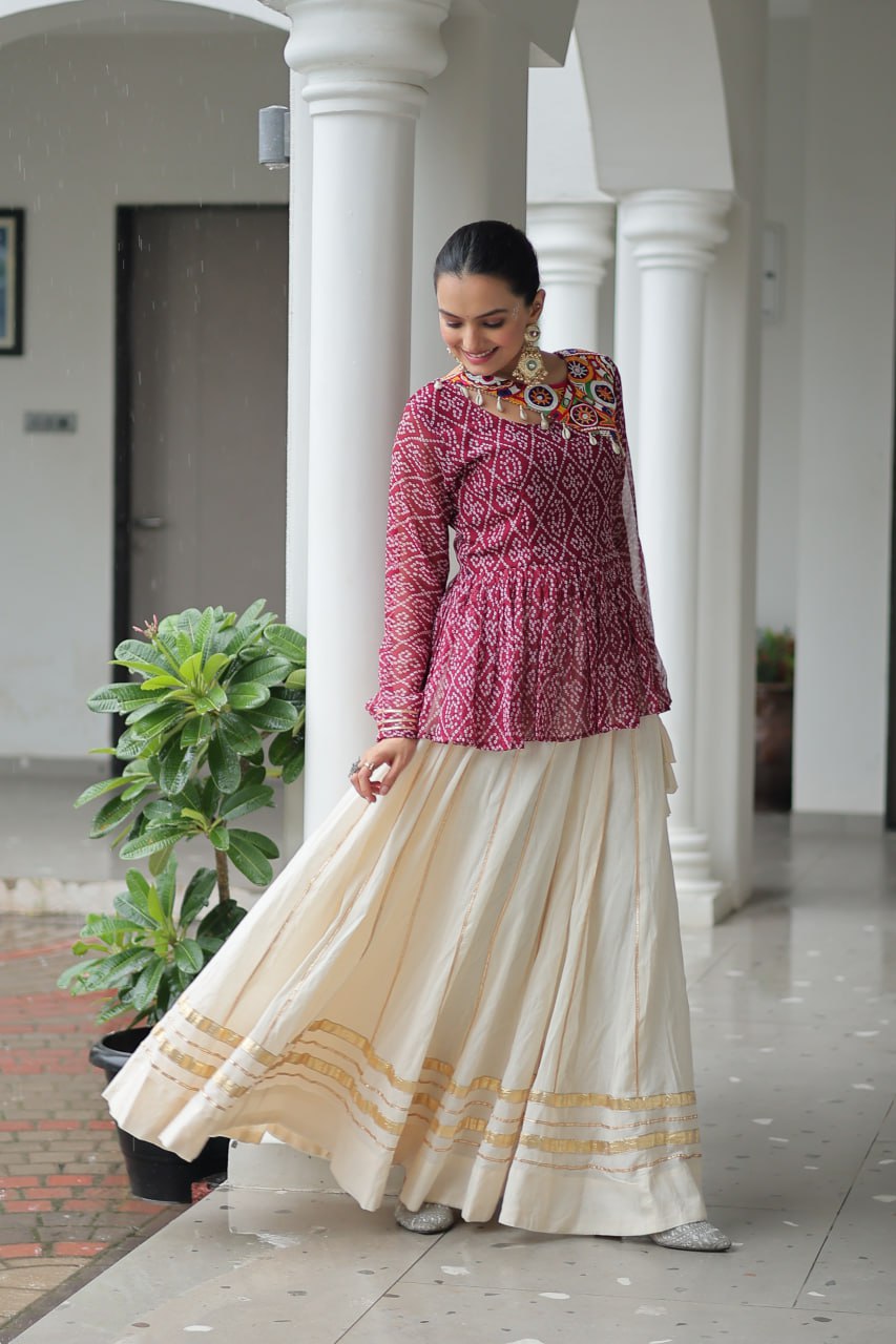 Maroon Color Bandhani Printed Navratri Special Top and Lehenga
