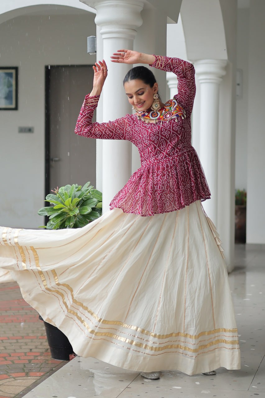 Maroon Color Bandhani Printed Navratri Special Top and Lehenga