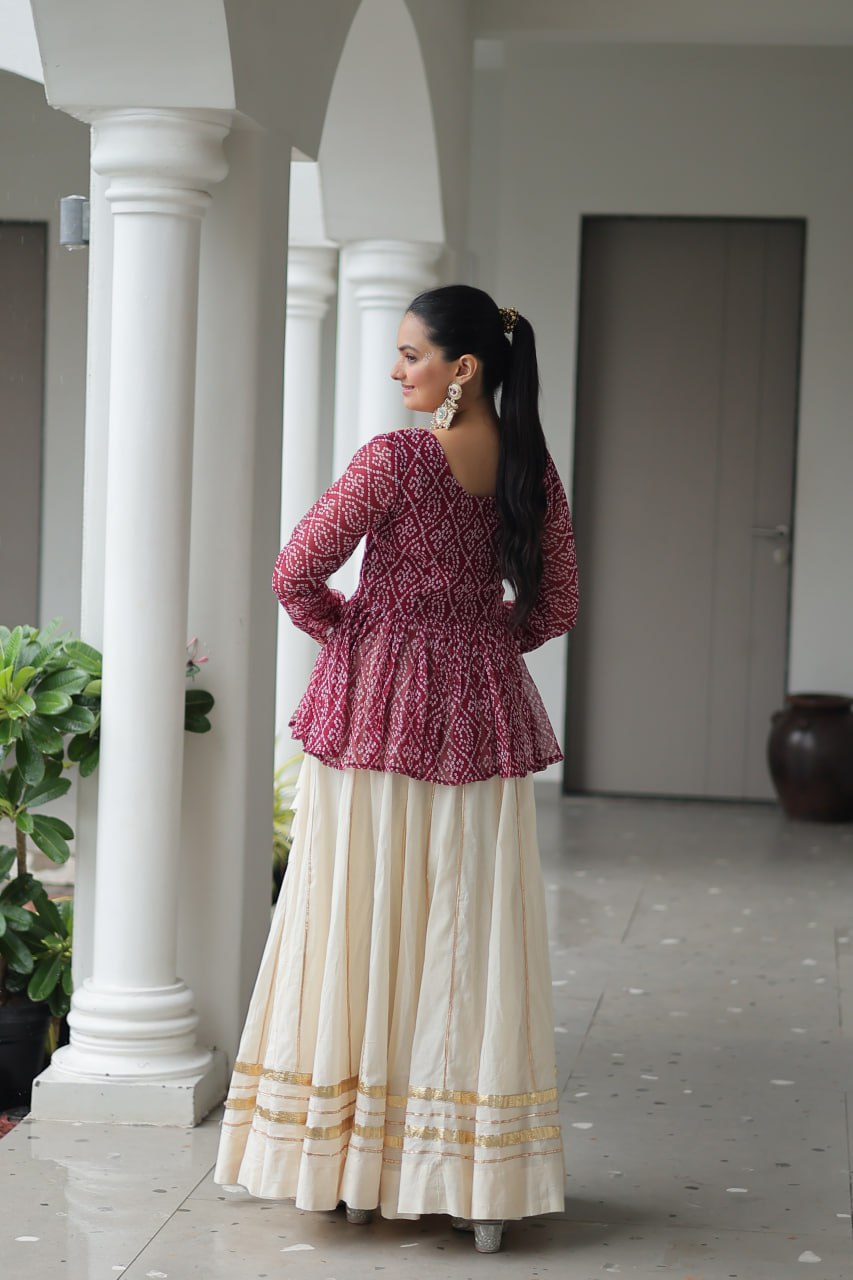 Maroon Color Bandhani Printed Navratri Special Top and Lehenga