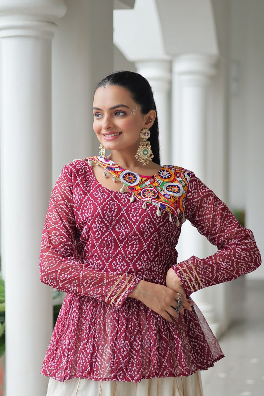 Maroon Color Bandhani Printed Navratri Special Top and Lehenga