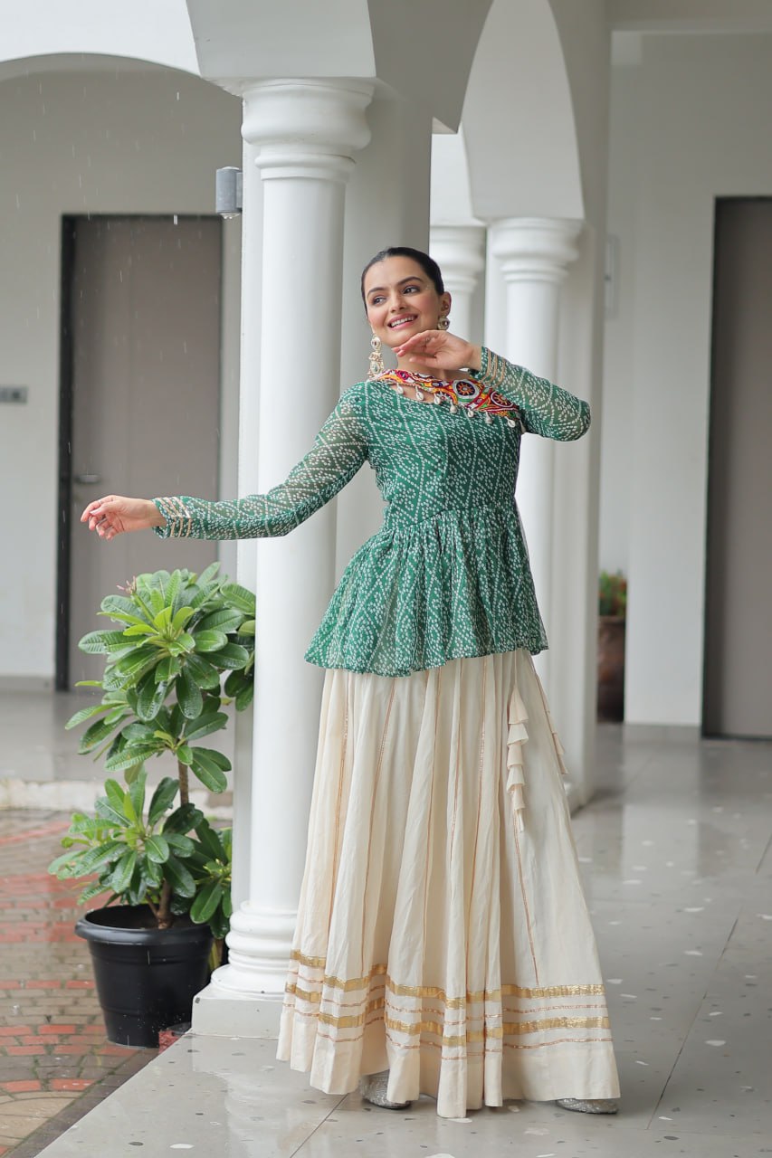 Green Color Bandhani Printed Navratri Special Top and Lehenga