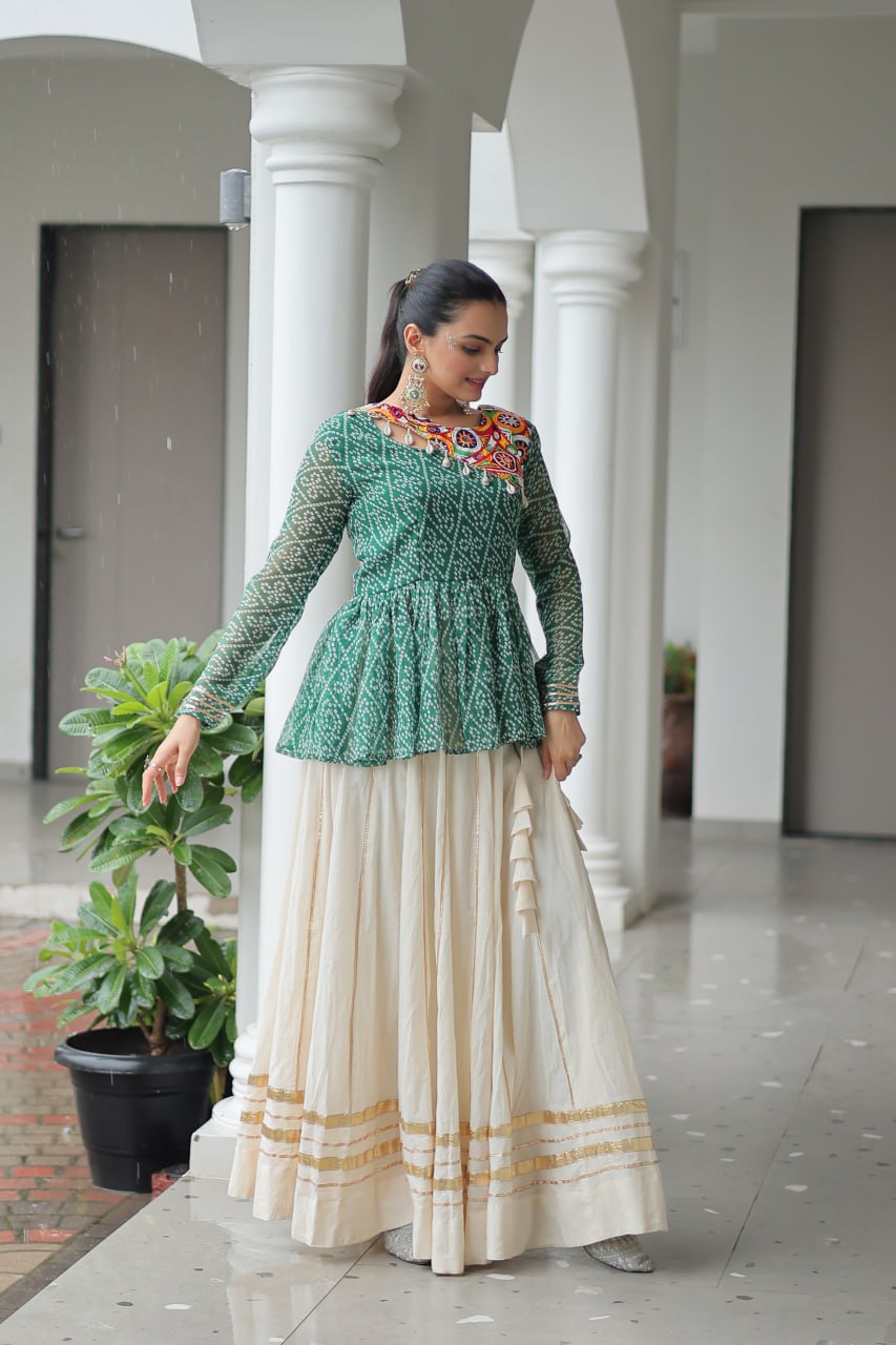 Green Color Bandhani Printed Navratri Special Top and Lehenga