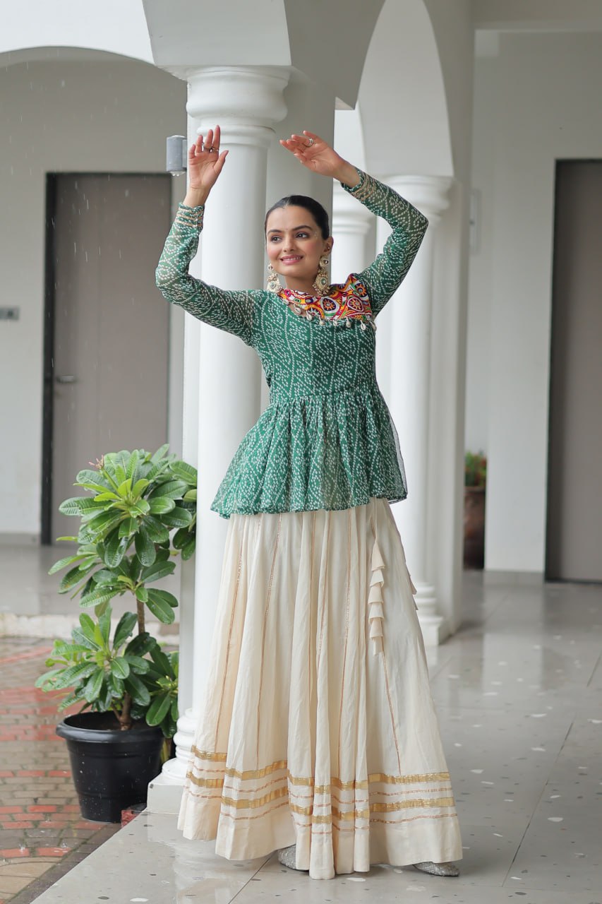 Green Color Bandhani Printed Navratri Special Top and Lehenga