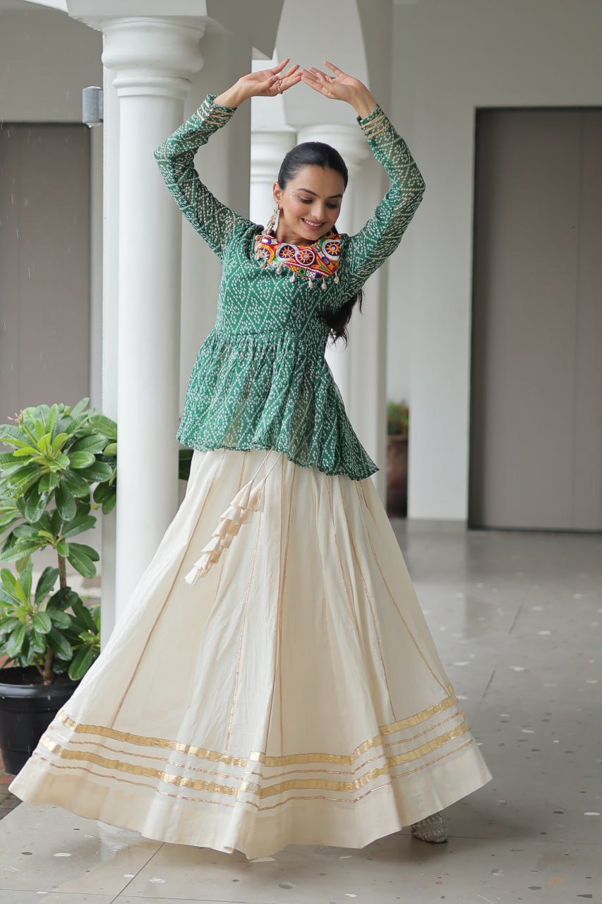 Green Color Bandhani Printed Navratri Special Top and Lehenga