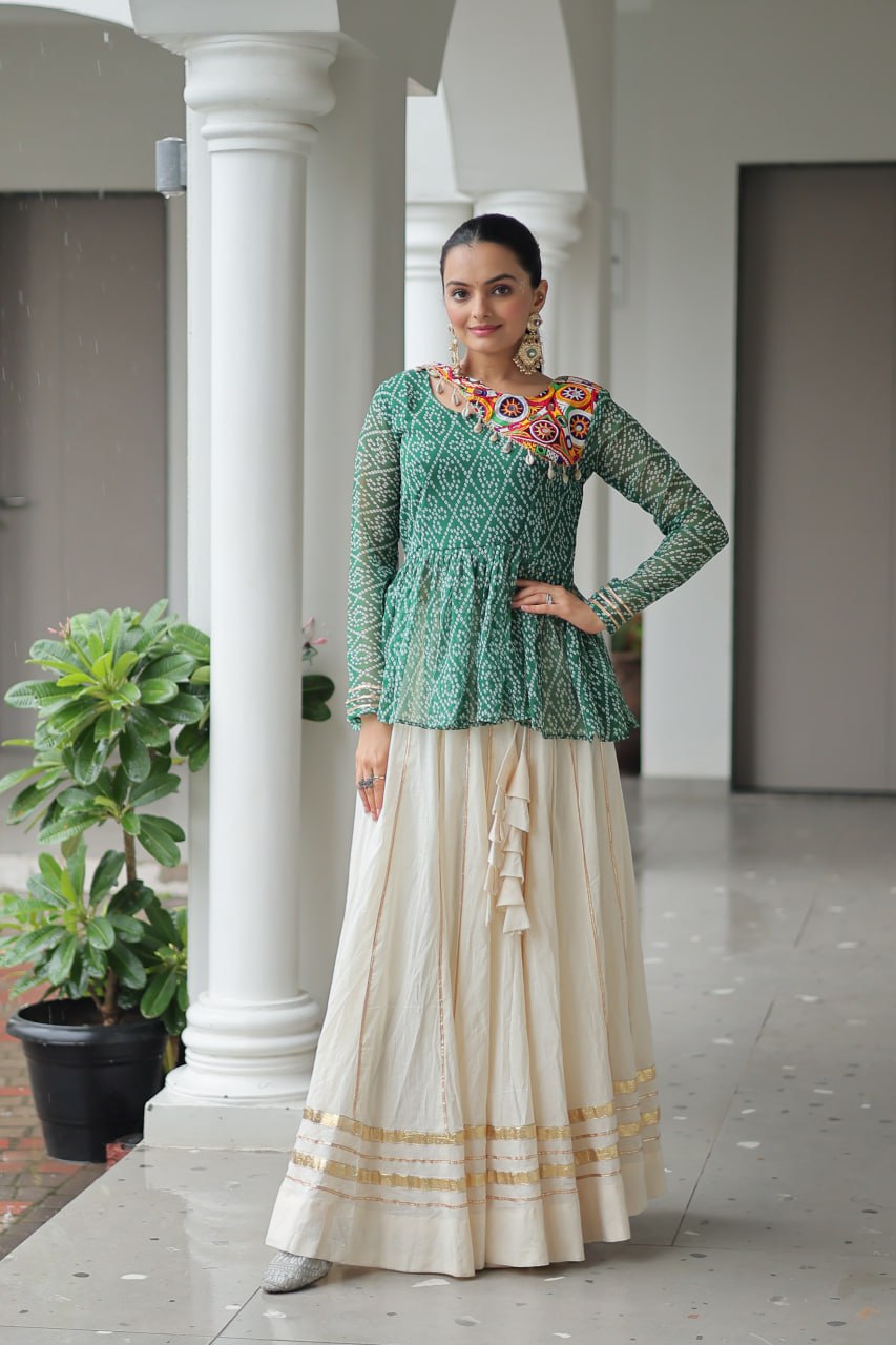 Green Color Bandhani Printed Navratri Special Top and Lehenga