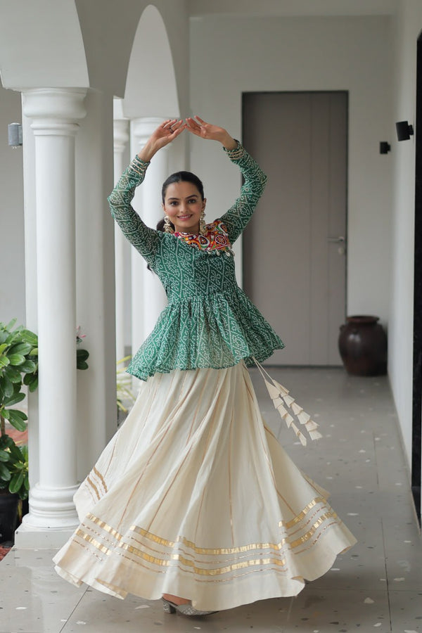 Green Color Bandhani Printed Navratri Special Top and Lehenga