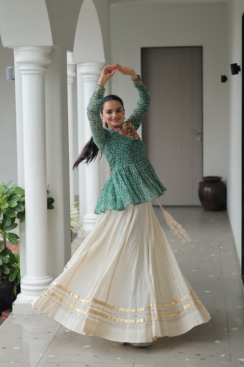 Green Color Bandhani Printed Navratri Special Top and Lehenga