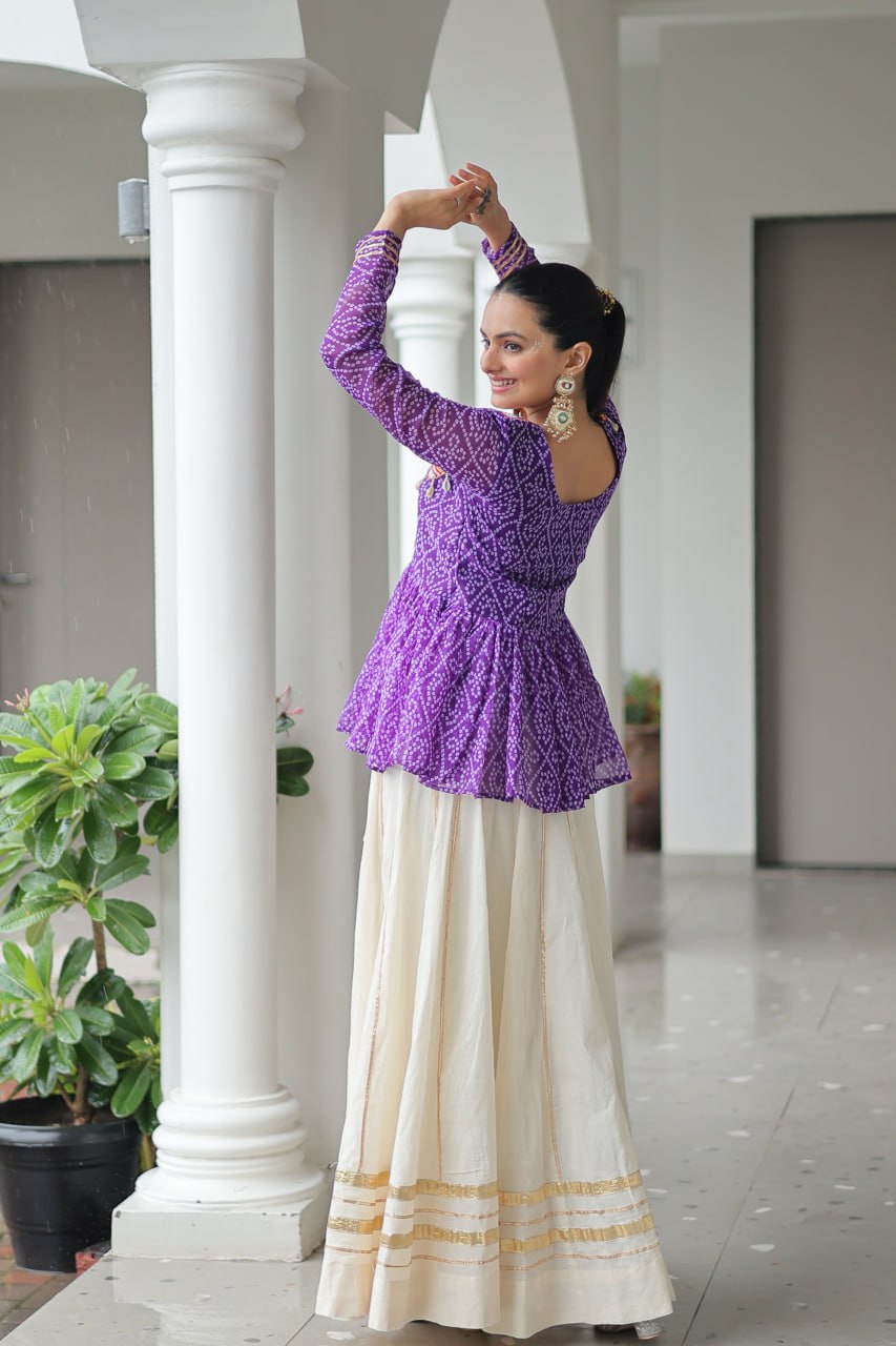 Purple Color Bandhani Printed Navratri Special Top and Lehenga