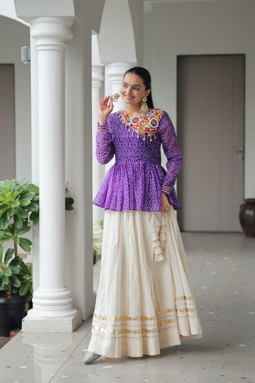 Purple Color Bandhani Printed Navratri Special Top and Lehenga