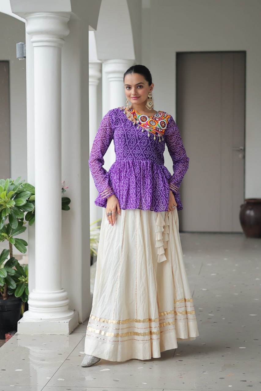 Purple Color Bandhani Printed Navratri Special Top and Lehenga