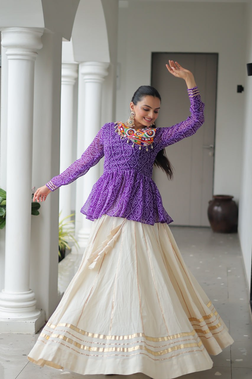 Purple Color Bandhani Printed Navratri Special Top and Lehenga