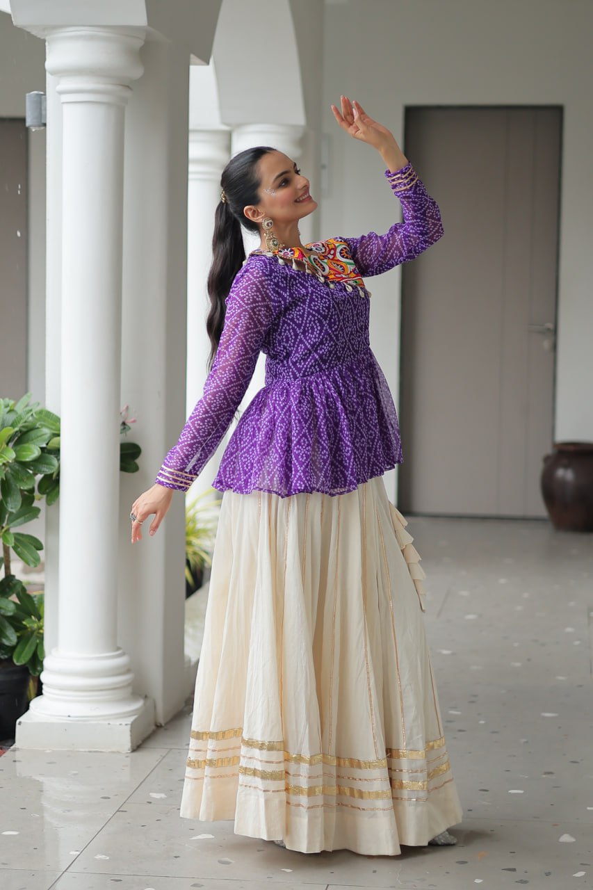 Purple Color Bandhani Printed Navratri Special Top and Lehenga