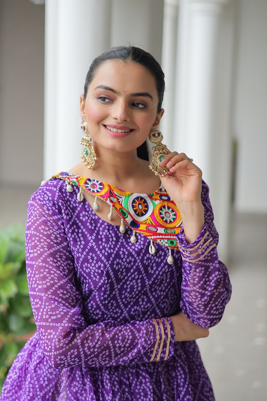 Purple Color Bandhani Printed Navratri Special Top and Lehenga
