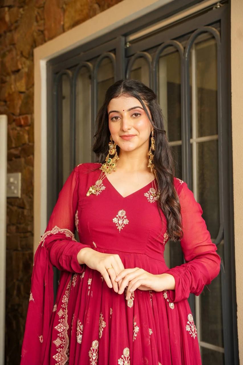 Festive Wear Red Color Embroidered Designer Anarkali Gown